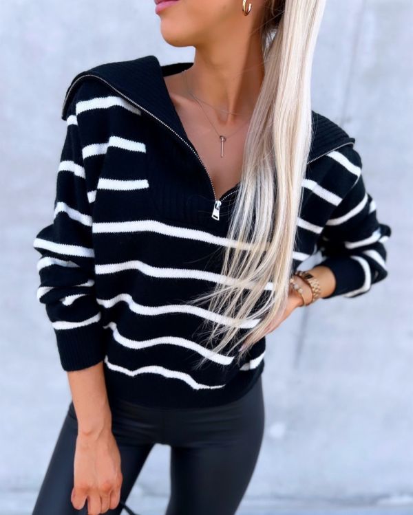 Black Zippered Striped Sweater