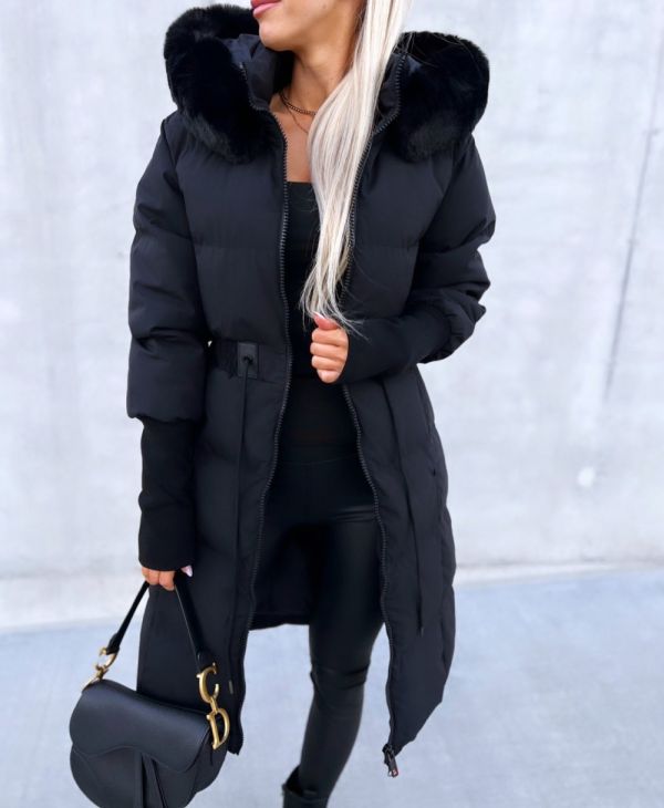 Juoda Long Winter Coat With Hood