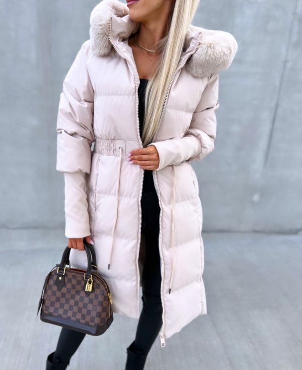 Šviesiai Smėlio Spalvos Long Winter Coat With Hood