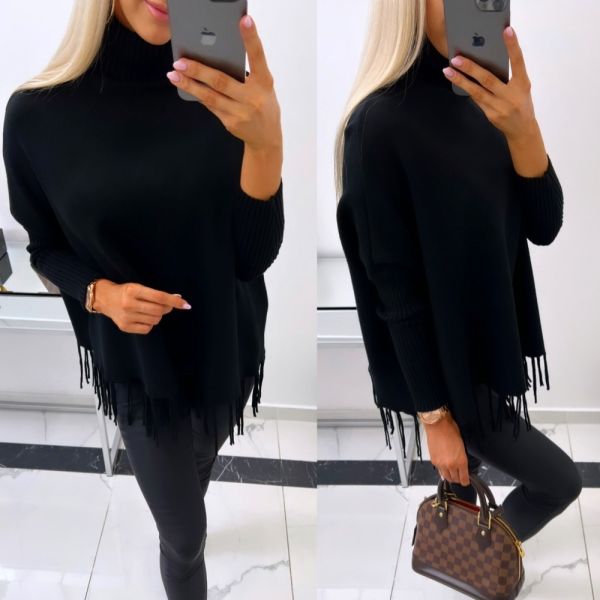 Black High-neck Poncho With Sleeves