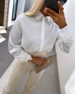 White Silky Blouse With Pearls And Feathers
