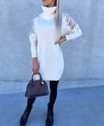 Light Beige High-neck Sweater Dress With Pearls