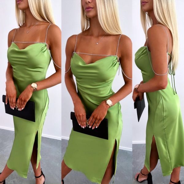 Green Silky Dress With Silver Chains