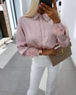 Light Pink Silky Blouse With Pearls And Feathers