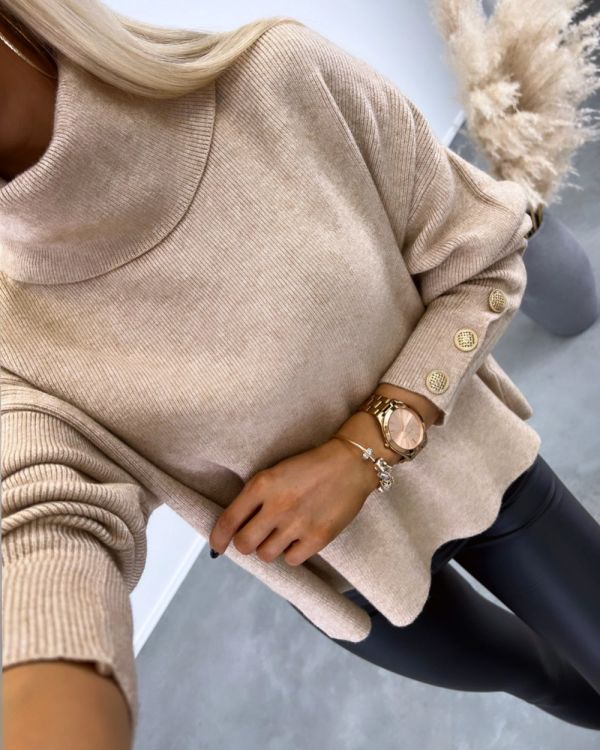 Beige High-neck Knit With Gold Buttons