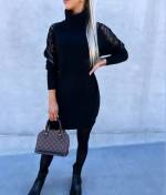 Black High-neck Sweater Dress With Pearls