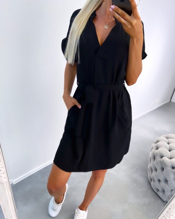 Black Casual Dress With Pockets And Belt