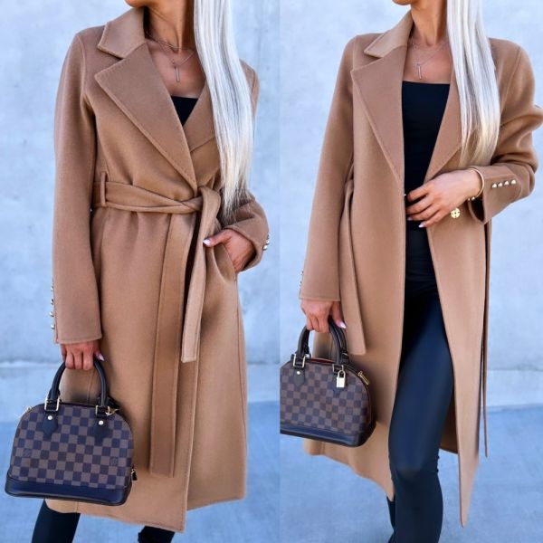 Camel Tie-waist Wool Coat With Gold Details