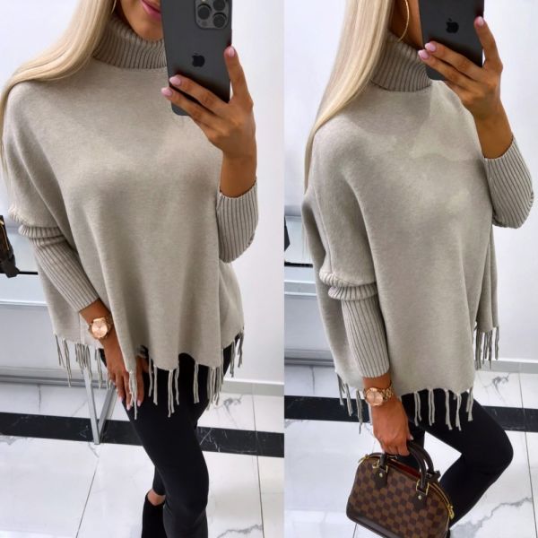 Beige High-neck Poncho With Sleeves
