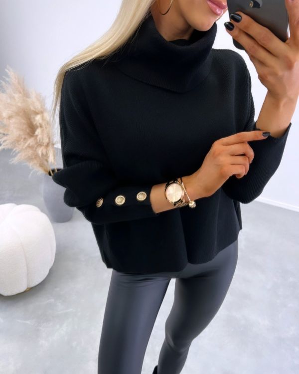 Black High-neck Knit With Gold Buttons