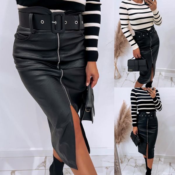 Black Leather Skirt With Silver Details