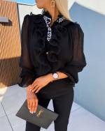 Black Blouse With Rhinestones And Frills