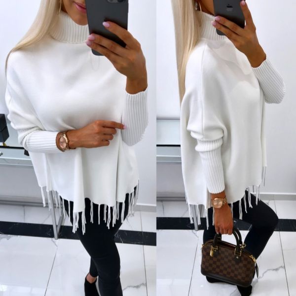 White High-neck Poncho With Sleeves