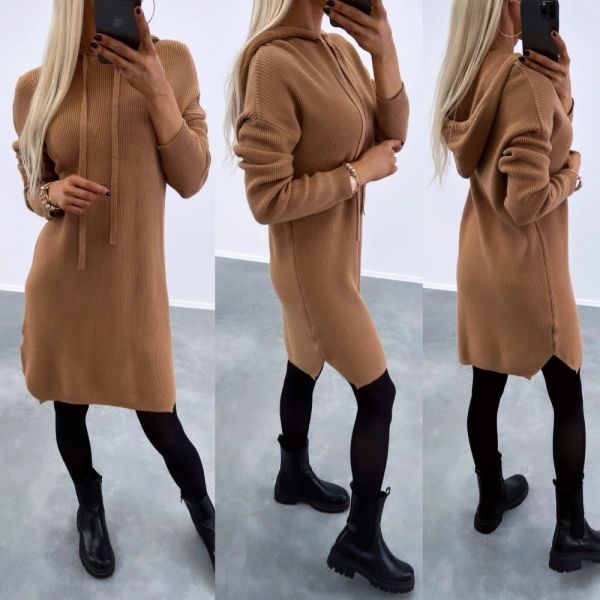 Camel Sweater Dress With Hood