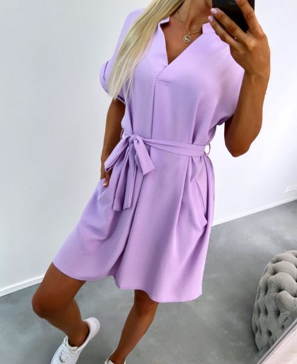 Purple Casual Dress With Pockets And Belt